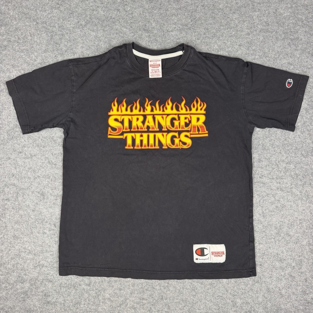 Champion X Stranger Things Netflix Fire Flame Graphic T Shirt Mens Black Size M